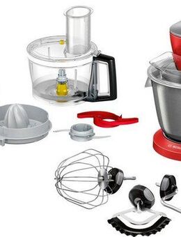 BOSCH Küchenmaschine Serie 8 MUM9A66R00, Gratis Set VeggieLove Plus MUZ9VLP1, 1600 W, 5,5 l Schüssel, Knethaken/Rühr-/Silikonbesen spülmaschinenfest, rot/silber
