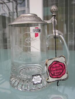 Alter RASTAL Kristall-Glas Bierkrug mit Zinn-Deckel, mundgeblasen, handgeschliffen - Horgen