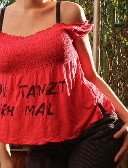 Babydoll Shirt, Top, Raffung, Schulterfrei, mit lustiger Aufschrift: Du tanzt mich mal. Gr. S - Düsseldorf