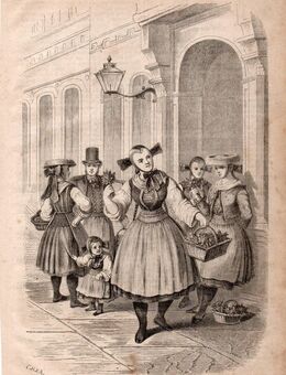 Grafik : Vierländerinnen vor dem Theater zu Hamburg., 1865 , Blatt 26cm x 18cm , M7 - Görlitz