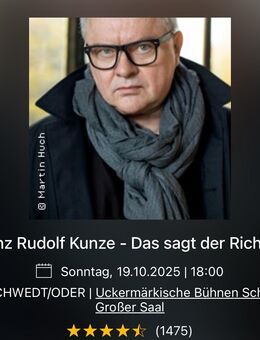 2 Konzertkarten Heinz Rudolf Kunze in Schwedt - Schwedt (Oder)
