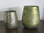 2 Stück~Teelichthalter~Windlicht~Glas-Grün Blumendekor+Gold/Schwarz~Antikstil~ - Bad Sassendorf