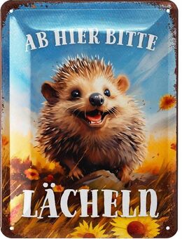 Lustiges Blechschild Ab hier bitte lächeln Igel - Lanolu 15x20 cm - Berlin