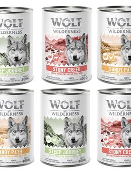 6 x 400 g Wolf of Wilderness Nassfutter zum Probierpreis! - Mixpaket: Stony Creek, Sandy Path, Steep Journey
