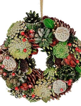 Kunstkranz Natur-Kranz mit echten Zapfen Lotus Perlen Beeren Zapfen, I.GE.A., Höhe 23 cm, Türkranz Tischkranz Adventsdeko Adventskranz Weihnachtsdeko