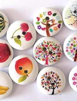 Runde Holz Knöpfe 2-Loch Bäume Obst Blumen Set 46 - Dahme