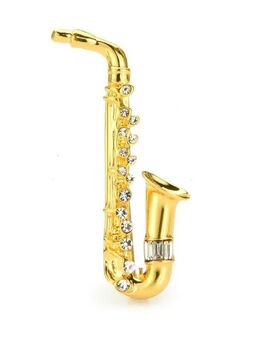 ☝️☝️☝️ Brosche, Pin, Saxophon, Gold, Kristalle, Musik, NEU ⭐⭐⭐⭐⭐ - Gersthofen