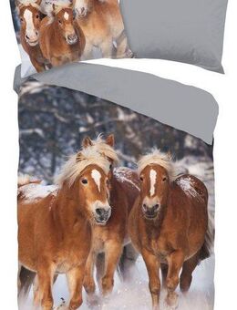 good morning Kinderbettwäsche Happy horses, Flanell, 2 teilig, Biber, 135x200, Weich, Warm, Reißverschluss, Wendeoptik, Kind, Pferd