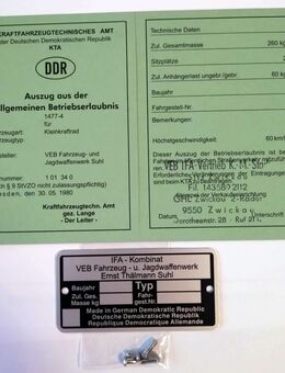 Simson Blanko Betriebserlaubnis BE & Typenschild Kerbnagel S51 KR51 SR50 s50 S53 Schwalbe - Wittingen Zentrum