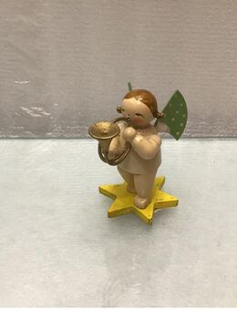Alter DDR Zeiten Weihnachtsengel auf Stern mit Blashorn, Etikett Kunsthandel M.LINK - Düsseldorf