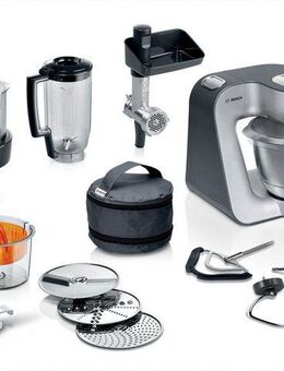 BOSCH Küchenmaschine MUM5935B Durchlaufschnitzler, 3 Scheiben, Mixer, silber, 1000 W, 3,9 l Schüssel, Fleischwolf, Kekspresse, Zitruspresse, 3 Rühr-/Knethaken, spülm.fest