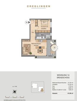 Offene Besichtigung am 24.10 von 14-16 Uhr und am 25.10. von 12-16 Uhr! Whg. 14 - Optimal geschnittene 2-Zimmer-Wohnung südlich im Erdgeschoss! - Creglingen