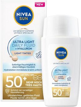Nivea Sun Sonnenschutzfluid Ultra Light Daily Fluid LSF 50+ +Hyaluron Light Tinted, leicht getönt, schützt helle Haut vor UV-Strahlen