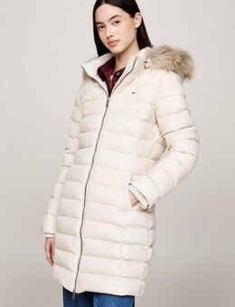 Tommy Jeans Steppmantel TJW ESSENTIAL HOODED DOWN COAT mit Fellimitat, Logostickerei