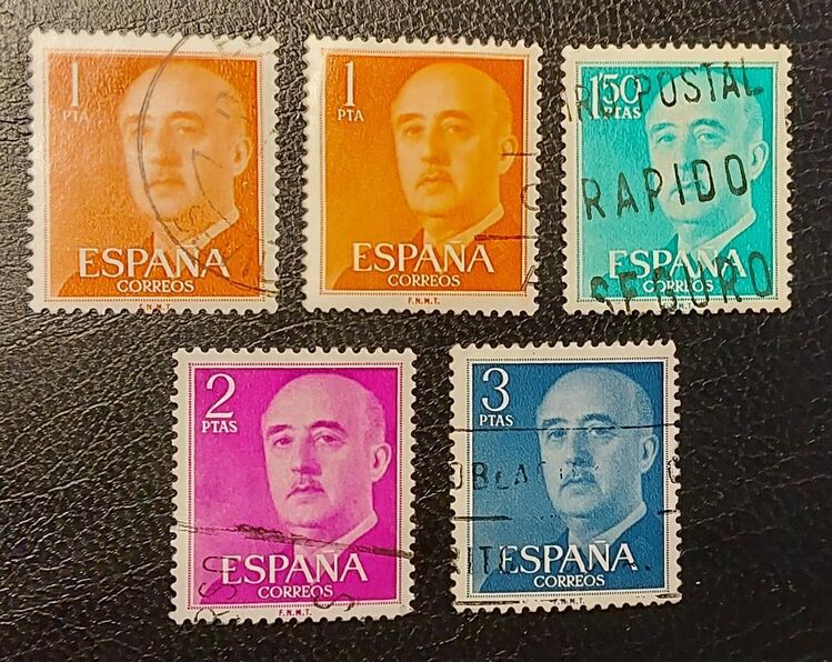 5 Briefmarken ESPANA COREOS, General Franco, gestempelt, 1 PTA, 1 PTA, 1,50 PTAS, 2 PTAS und 3 PTAS - Leverkusen