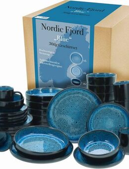 CreaTable Kombiservice Nordic Fjord (30-tlg), 6 Personen, Steinzeug, je 6 Speiseteller, Suppenteller, Dessertteller, Schalen, Kaffeebecher