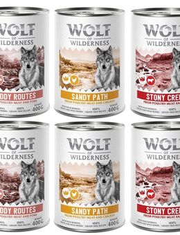 6 x 400 g Wolf of Wilderness Nassfutter zum Probierpreis! - SENIOR Mix: Muddy Routes, Sandy Path, Stony Creek