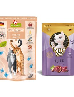 6 x 85 g GranataPet DeliCatessen Pouch + 85 g KITTY Cat Paté Ente gratis! - Truthahn & Fasan