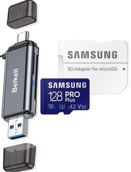 OTG DUAL Speicherkartenleser Beikell Twin, USB 3.0 Typ A & Typ C, SD & MicroSD Laufwerke, Samsung PROPlus MicroSDXC 128GB mit einer Datenübertragung von bis zu 160MB/s, inklusive SD-Adapter - Fürth