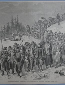 Grafik : Eskortierung französischer Soldaten durch schweizerisches Militär im Neuenburger Jura am 3. Februar 1871. , Blatt 32cm x 24cm , M33 - Görlitz
