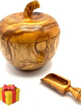 Olivenholz-erleben Zuckerdose Dose wie Apfel aus Olivenholz mit kleinem Salzschippchen, Holz, (Set, 2-tlg., 1x Dose wie Apfel, 1x Schippchen aus Olivenholz plus Überraschung), toller Blickfang in außergwöhnlicher Form und einzigartiger Maserung