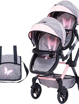 Bayer Puppen-Zwillingsbuggy Xeo Twin grau/rosa, mit Wickeltasche