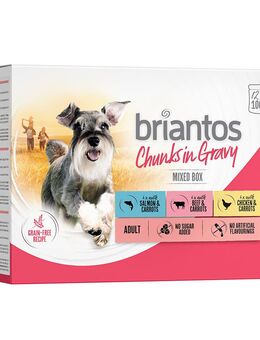 Sparpaket Briantos Chunks in Gravy 48 x 100 g - Mixpaket (Huhn, Rind & Lachs)