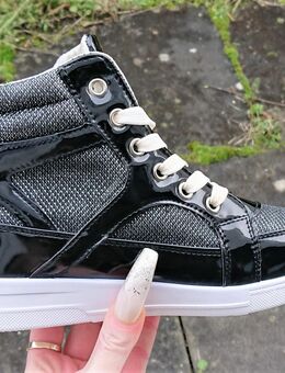 Gr. 37, High Sneakers / Schnür- Boots, schwarz-silber mit LACK + GLITZER Effekt - Bruchköbel
