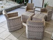 Gartenmöbel-Set, Rattan Sitzgruppe, Kettler, 4 Sessel, 4 Fußstützen, 2 Tische mit Glasplatte und Auflagen - Essen