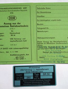 Simson SR50 SR 50 Blanko Betriebserlaubnis BE ABE & Typenschild - Wittingen Zentrum