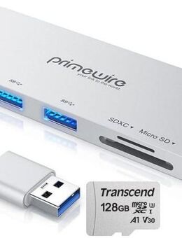 USB 3.0 Typ A, 3fach Hub, USB 3.0 Typ A, Dual Speicherkartenleser, SD & MicroSD Laufwerke, Transcend MicroSDXC 128GB, A1, V30 - mit einer Datenübertragung von bis zu 90MB/s - Fürth