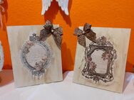 %%..2 er Set Shabby Vintage Nostalgie Holz Bilder Brokat Schleife Schmuckstein - Rheinbach