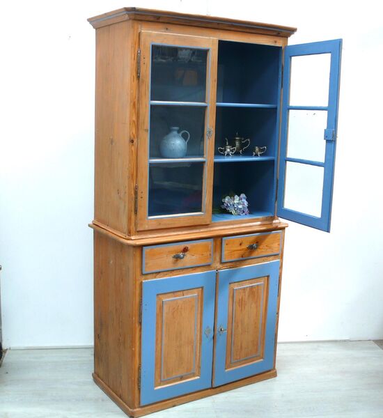 Alter Küchenschrank / Buffet Fichte Weichholz Natur mit Hortensien-Blau 1880er - Sinzig Zentrum