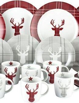 Retsch Arzberg Kombiservice Geschirr-Set, Service HIGHLAND STAG, Winter, Advent, Weihnachten (30-tlg), 6 Personen, Porzellan, Hirsch trifft Schottenkaro, 30 Teile, für 6 Personen