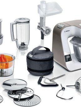 BOSCH Küchenmaschine Serie 4 MUM5XW40, integr. Waage, Durchlaufschnitzler, weiß/champagner, 1000 W, 3,9 l Schüssel, 4 Scheiben, Mixer, Fleischwolf, Zitruspresse, Profi Patisserie-Set