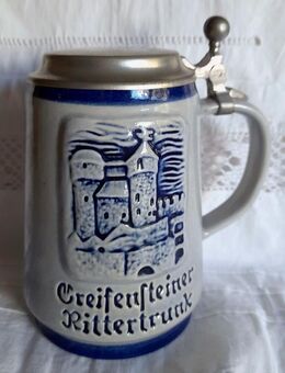 Dekorativer, seltener Bierkrug"Greifensteiner Rittertrunk" mit schönem Zinndeckel - Niederfischbach
