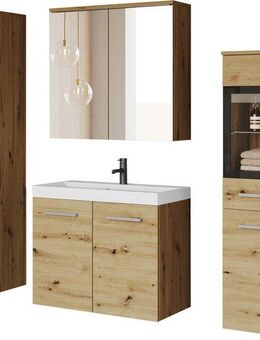 welltime Badmöbel-Set MADRIT II, Schrank mit Waschbecken, 2 Hänger, Spiegelschrank, (Komplett-Set, 5-St), Hängende Badmöbel mit Glaseinsätzen – in vielen Farben erhältlich