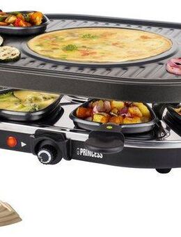 PRINCESS Raclette 162700 - Oval - 8 Pfannen, 8 Raclettepfännchen, 1200 W, Multifunktionale Platte, inklusive 8 Pfännchen und 8 Holzschabern