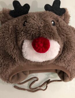 Baby Kinder Mädchen Jungen Mütze Weihnachten Weihnachtsmütze im Rudolph-Design setzt auf wärmende Ohrenklappen und ein appliziertes Geweih Gefüttert Rentier Winter Gr. 62 neu mit Etikett - Albstadt