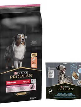14 kg PURINA PRO PLAN Adult + 426 g Dental Care Snack für große Hunde gratis! - Medium Sensitive Skin