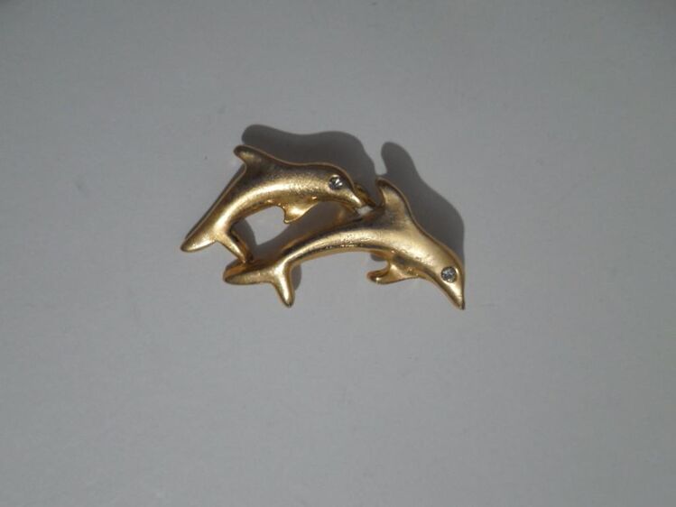 Delphin Anstecknadel 2 Delphine gold mit Strassaugen 4 cm - Rödermark