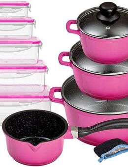 KING Topf-Set ALUGUSS, Aluminiumguss (Set, 19-tlg., je 1 Kochtopf 16/20/24 cm, 1 Stieltopf 16 cm, Vorratsdosen-Set, Grips), Glasdeckel, Keramikantihaftbeschichtung, Induktion