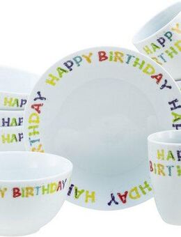 CreaTable Frühstücks-Geschirrset Happy Birthday, Frühstücksset 12-tlg. (12-tlg), 4 Personen, Porzellan, Fröhliches buntes Geschirr, Für alle Geburtstagsfeierlichkeiten