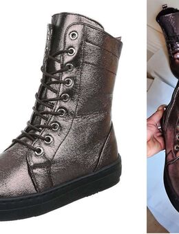 Gr. 37, GLITZER ( Schnür- ) Stiefeletten BOOTS, "gun" metallic-look, Reißverschluß - Bruchköbel