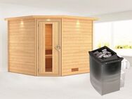 Karibu Sauna "Leona" mit Kranz und Energiespartür Ofen 9 kW integr. Strg, BxTxH: 259 x 245 x 202 cm, 38 mm, aus hochwertiger nordischer Fichte