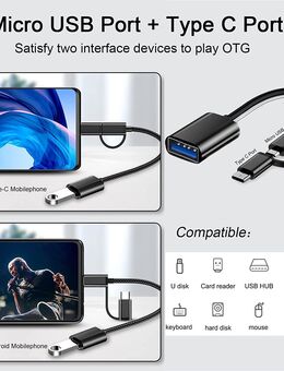 OTG Adapter, Buchse USB 2.0 Typ A, USB 2.0 Micro B Stecker & USB 3.0 Typ C Adapterstecker, schwarz, mit einer Datenübertragung von bis zu 40MB/s, insgesamte Länge mit Anschlußadaptern 17cm - Fürth