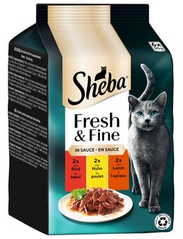 Megapack Sheba Fresh & Fine Frischebeutel 12 x 50 g - Rind, Huhn & Lamm in Sauce