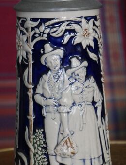 Bierkrug mit Zinndeckel Keramik mit Spruch , 0,5 Liter , Höhe 26cm , Bier - Görlitz