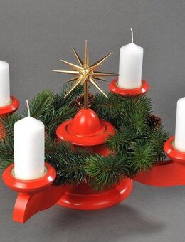 Albin Preissler Adventsleuchter mit Weihnachtsstern und Tannenkranz, Handwerkskunst aus dem Erzgebirge, Ø 29 cm, Weihnachtsdeko aus Buchenholz