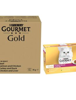 96 x 85 g Jumbopack Gourmet + 24 x 85 g passendes Nassfutter gratis! - 96 x 85 g Gold Zarte Häppchen: Rind, Huhn & Leber, Lachs & Huhn, Truthahn & Ente + 24 x 85 g Gold Duo Delice: Luxus-Mix